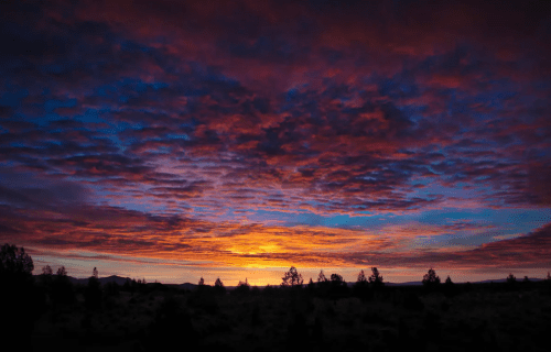 Vibrant sunset with colorful clouds over a silhouette of trees and mountains in the background.