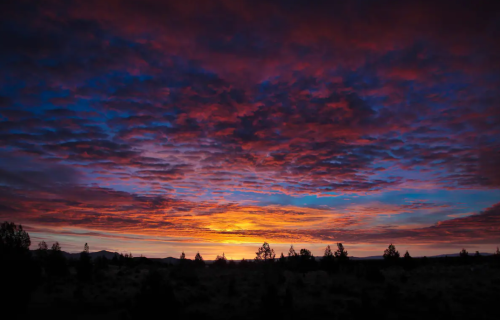 Vibrant sunset with colorful clouds over a silhouette of trees and mountains in the background.