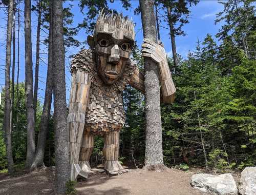 A large wooden troll sculpture stands among trees in a forest, with a hand resting on a nearby tree trunk.