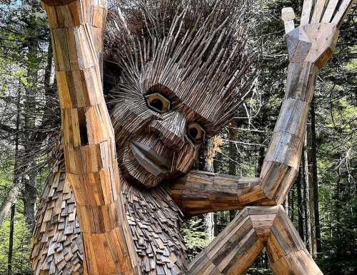 A large wooden sculpture of a whimsical figure with a playful expression, surrounded by trees in a forest setting.