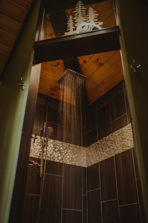 A modern shower with a wooden ceiling, featuring a rainfall showerhead and stylish tile design.
