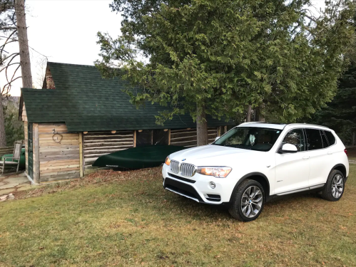 A white SUV parked on grass near a log cabin surrounded by trees.