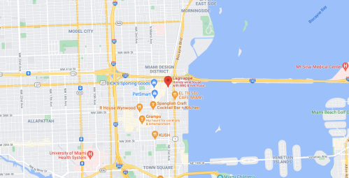 Map showing the Miami Design District, nearby streets, and locations along the waterfront.