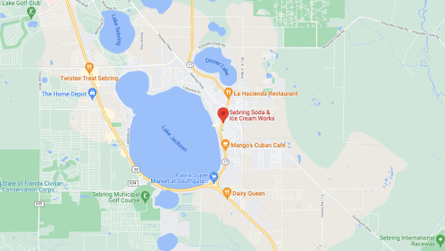 Map of Sebring, Florida, highlighting local businesses and Lake Jackson.