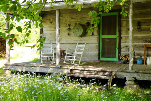 A rustic wooden porch with green door, rocking chairs, and wildflowers in a serene outdoor setting.