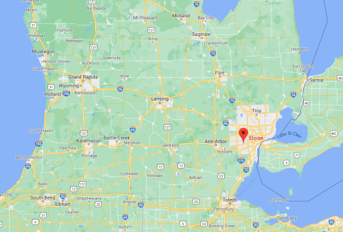 Map showing the southeastern region of Michigan, highlighting Eloise near Detroit and surrounding cities.