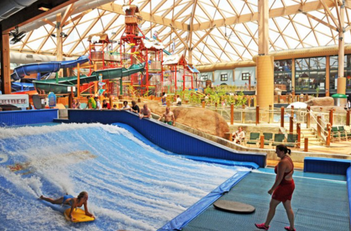 A vibrant indoor water park featuring a surf simulator, water slides, and people enjoying various activities.