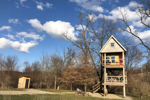 A tall wooden treehouse with colorful doors stands among bare trees under a blue sky with fluffy clouds.