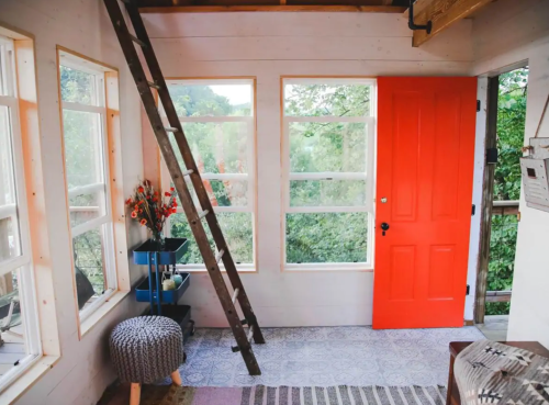 Cozy interior of a cabin with large windows, a bright orange door, a ladder, and decorative plants.