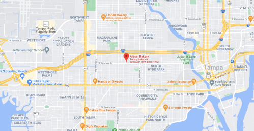 Map of Tampa, highlighting Alexis Bakery's location near major roads and landmarks.
