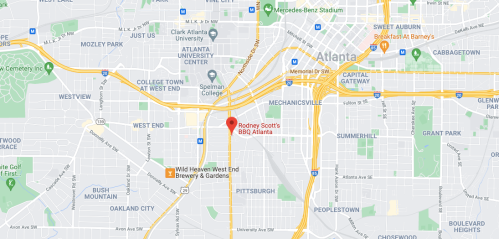 Map of Atlanta highlighting Rodney Scott's BBQ and nearby landmarks.