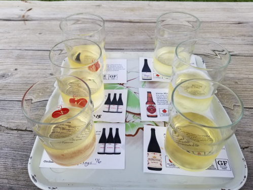 A tray with several glasses of light-colored drinks and tasting cards on a wooden table.