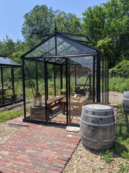 A modern glass greenhouse with a wooden bench, surrounded by greenery and rustic barrels on a brick path.