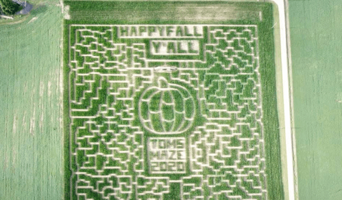 Aerial view of a corn maze with "Happy Fall Y'all" and a pumpkin design, surrounded by green fields.