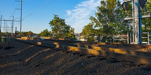 A view of railway tracks surrounded by trees and a clear blue sky, with utility poles in the background.