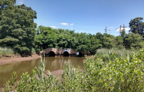 A serene river scene with two arched tunnels, surrounded by lush greenery and blue skies.