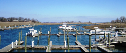 A serene marina with boats docked along wooden piers, surrounded by calm water and a clear blue sky.