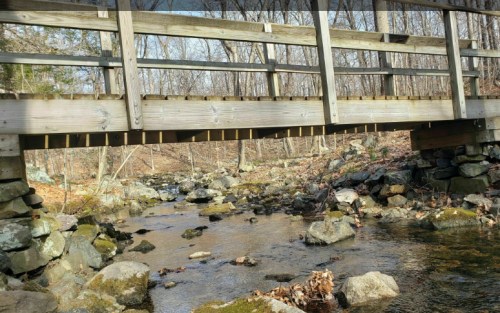 A wooden bridge spans a rocky stream, surrounded by trees in a serene natural setting.