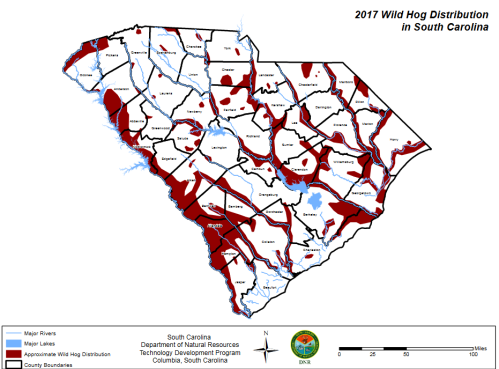 Map of South Carolina showing wild hog distribution in 2017, with major rivers and county boundaries marked.