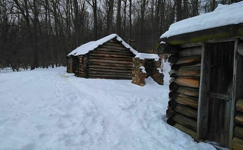Snow-covered log cabins nestled in a wooded area, with footprints leading through the fresh snow.