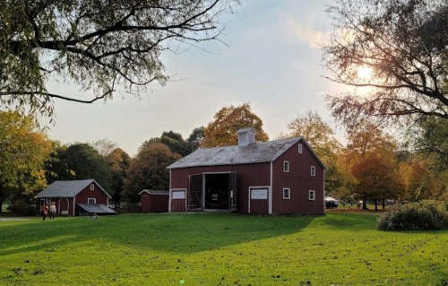 A red barn and a smaller building surrounded by green grass and autumn trees under a clear sky.