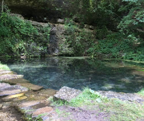 A serene natural pool surrounded by lush greenery and rocky terrain, reflecting the calm water.