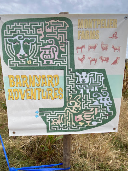 Sign for "Barnyard Adventures" featuring a colorful maze design with farm animals and Montpelier Farms logo.