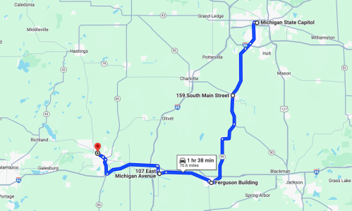 Map showing a route from the Ferguson Building to the Michigan State Capitol, covering 76.0 miles in 1 hour 38 minutes.
