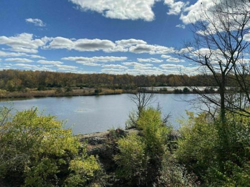A serene lake surrounded by trees and colorful autumn foliage under a bright blue sky with fluffy clouds.