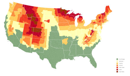 Map of the U.S. showing varying climate zones, with colors indicating different temperature and precipitation levels.