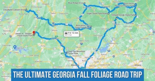 Map of a scenic road trip route through Georgia, highlighting fall foliage destinations and parks.