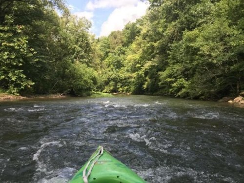 A view from a kayak on a winding river surrounded by lush green trees under a partly cloudy sky.