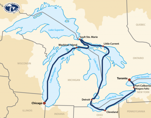 Map of the Great Lakes region, highlighting key cities like Chicago, Detroit, Toronto, and Cleveland.