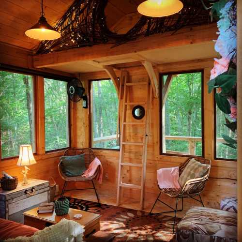 Cozy wooden interior with large windows, a ladder, and comfortable seating surrounded by greenery.