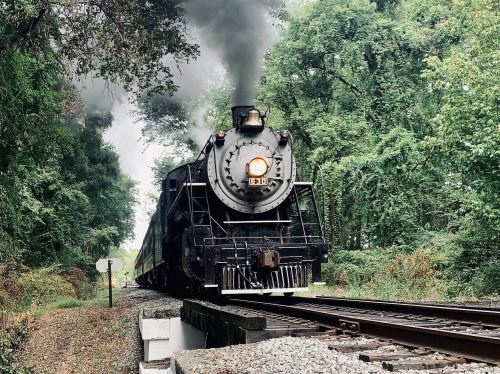 A vintage steam locomotive chugs along a tree-lined track, billowing smoke into the air.