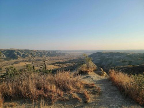 A panoramic view of a vast landscape with rolling hills, dry grass, and a clear blue sky.