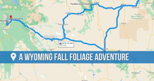 Map showing a scenic route for a fall foliage adventure in Wyoming, highlighting key locations and travel time.
