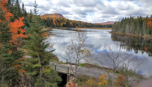 A serene lake surrounded by autumn foliage and trees under a cloudy sky.