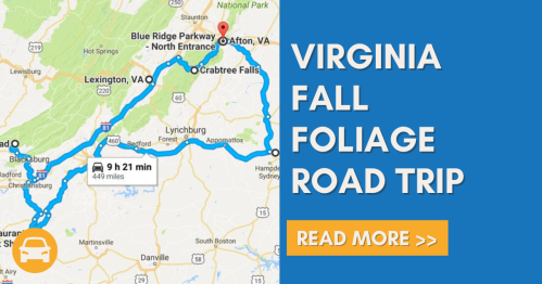 Map highlighting a Virginia fall foliage road trip route, showing a 9-hour, 21-minute drive covering 449 miles.