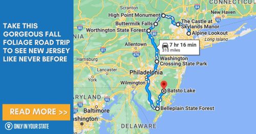 Map of a fall foliage road trip in New Jersey, highlighting scenic stops and travel time of 7 hours 16 minutes.