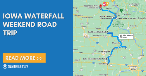 Map of a road trip route in Iowa, highlighting waterfalls and parks, with a "Read More" call to action.