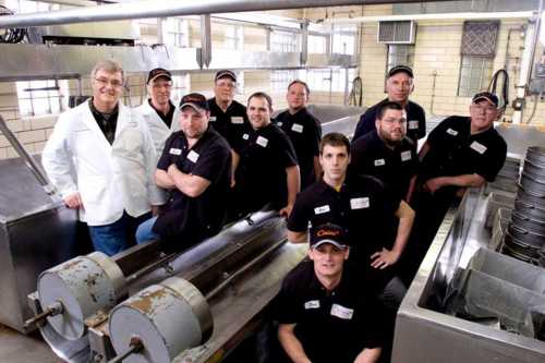 A group of eleven workers in uniforms poses in a factory setting, with machinery and equipment in the background.