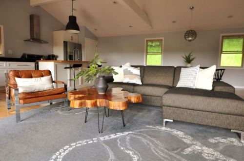 Cozy living room with a sectional sofa, armchair, unique wooden coffee table, and decorative plants.