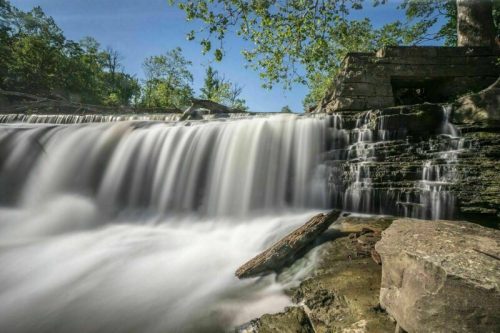 A serene waterfall cascades over rocky ledges, surrounded by lush greenery and a clear blue sky.