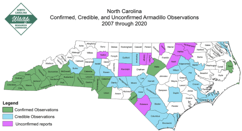 Map of North Carolina showing confirmed, credible, and unconfirmed armadillo observations from 2007 to 2020.