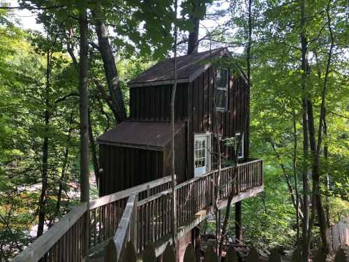 A wooden treehouse nestled among green trees, connected by a wooden walkway.