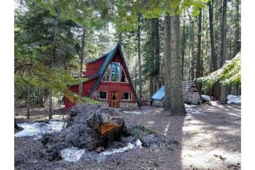 A red A-frame cabin nestled among tall trees in a forest, with a smaller structure nearby and patches of snow on the ground.