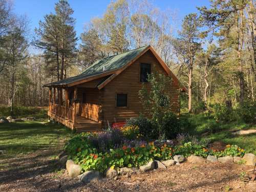 A cozy wooden cabin surrounded by trees and colorful flowers in a serene outdoor setting.
