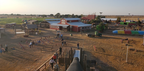 Aerial view of a farm-themed amusement park with playgrounds, buildings, and visitors enjoying the outdoor space.