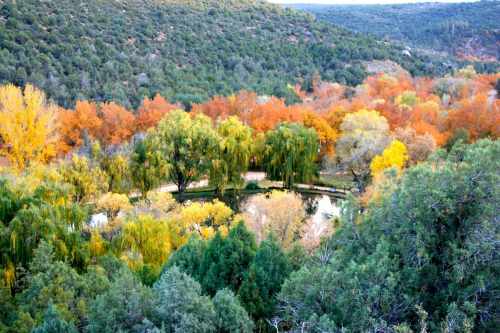 Aerial view of a vibrant autumn landscape with colorful trees surrounding a serene pond.